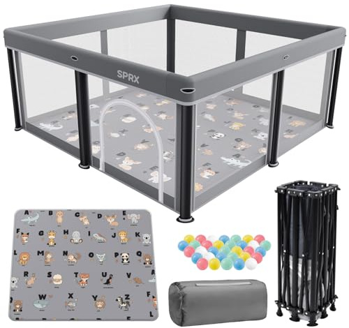Foldable Baby Playpen with Mat,50×50 Collapsible Playard for Babies and Toddlers,Indoor&Outdoor Kids Safety Play Pen,Portable Travel Playpen ‌with Travel Pack and 30 Ocean Balls