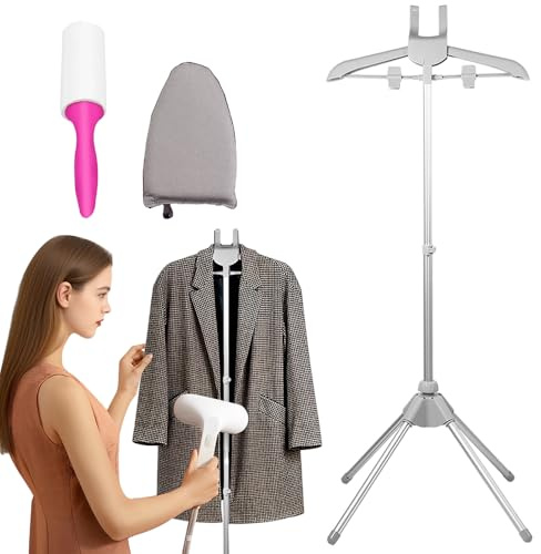Rppiup Steamer Stand, Folding Telescopic clothes steamer stand With Ironing Gloves & Hair roller, Handheld Garment Steamer Rack, Height Adjustable Clothes Hanger for Home Steam Ironing Shirts (gray)