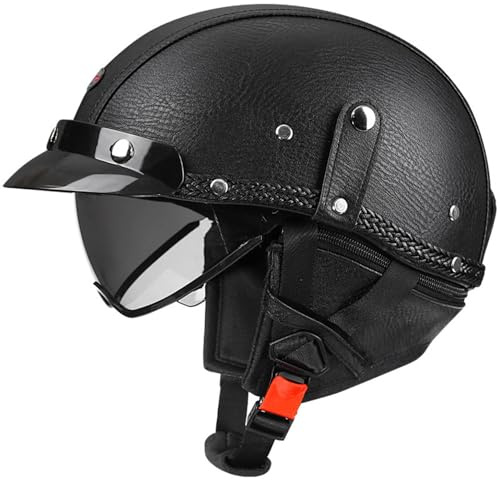 VVPEC Läderhalvhjälm tysk stil retro motorcykelhjälm godkänd DOTECE män kvinnor vintage öppen hjälm halvskal keps mopedhjälm for chopper cruiser skoter(1,M=57~58cm)
