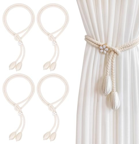 KEWUF Abrazaderas Cortinas, Sujeta Cortinas, Recoge Cortinas, Cinta para Cortinas, Cuerda Trenzada Correa para la Decoración de la Ventana del Hotel Home Office (4 Stück, Beige, Länge 50cm)
