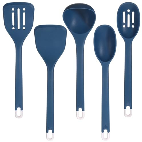 5 Pcs Silicone Kitchen Cooking Utensils Set: Heat Resistant 13inch Long Kitchen Gadgets, BPA Free Non Stick Rubber Cook Accessories For Food Prep, Frying, Serving, Basting, Dark Blue