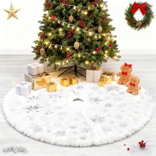 Inodiref Jupe De Sapin De Noël 90cm Peluche Cache Pied Sapin De Noel avec Flocon De Neige Argenté Tapis De Sapin pour Les Décorations de Tapis De Noël