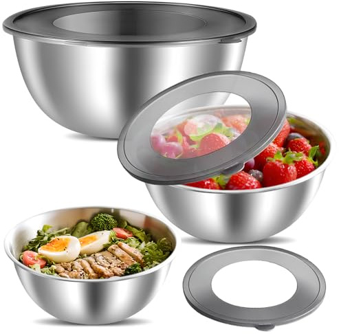 HYZCXPL 3Pcs Edelstahl SchüSsel mit Deckel, SalatschüSsel mit Deckel, Stapelbar SchüSselset, 16.5cm/19cm/21cm, RüHrschüSsel Zum Servieren/Kochen/Backen