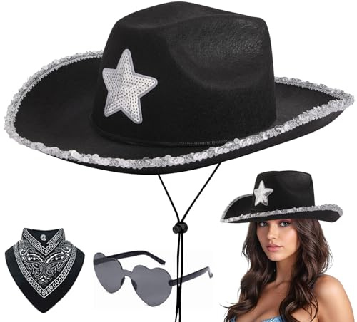 Aomig CowboyHut Damen Herren Fashion Westernhut Cowboyhüte Cowgrilhut-A | Rockstar Randlose Hippie Herzförmige Brille Halstuch Wilder Westen Party Geburtstagsfeier Fasching Karneval Kostüm Party