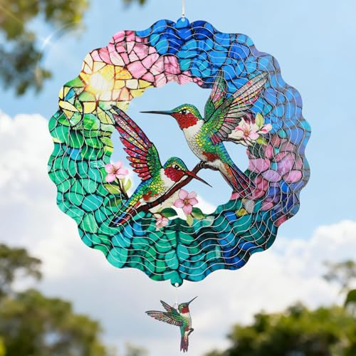 Ayadon Hummingbird Wind Spinner, 12 Inch Stainless Steel Metal Wind Spinners, 3D Kinetic Hanging Sculpture, Indoor/Outdoor Garden Decor, Yard Art, Hummingbird Gifts for Women, Men, Mom, Dad, Grandma