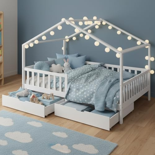 Bellabino Bia Kinderbett 140x200 cm, Hausbett, Weiß, 2 Schubladen, Stauraum | Montessori Holzbett aus Massivholz Kiefer, mit Rausfallschutz, mit Lattenrost, Jungen & Mädchen, Bettgestell, Kinderzimmer