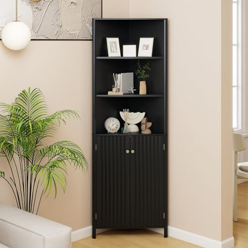COSTWAY Küchenschrank schmal, Eckschrank mit 2 Türen und 5 Ablagen, 172,5 cm hoch, dreieckiger Buffetschrank, Mehrzweckschrank Hochschrank, modern, für Küche Esszimmer Wohnzimmer (Schwarz)