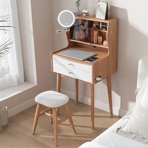 Sminkbord i trä med LED-lampor, sminkspegel, vadderad pall förvaringslådor små utrymmen, möbler för kvinnor och flickor, sovrum och vardagsrum.