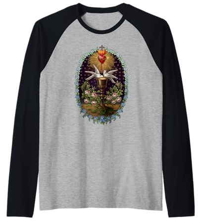 Cœur de Jésus Colombes Calice Eucharistie Antique Chrétien Manche Raglan