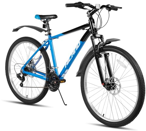 Hiland 26 27,5 29 Zoll Mountainbike 18 Gänge, Federgabel, Aluminiumrahmen MTB Fahrrad für Männer Frauen, mit Scheibenbremse, Schwarz/Blau/Orange