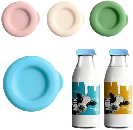 4 Pack Milk Bottle Tops, Reusable Silicone Lids for UK 1 Pint Glass Bottles, Leakproof Bottle Caps for Fresh Milk and Juice Storage