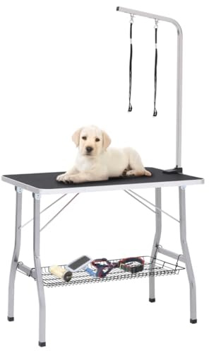 GeenYuu Tavolo da toelettatura regolabile per cani, con 2 passanti e cestino portaoggetti, tavolo pieghevole in acciaio inox e acciaio, 90 x 60 x 76 cm, ideale per la cura di cani, gatti, cuccioli