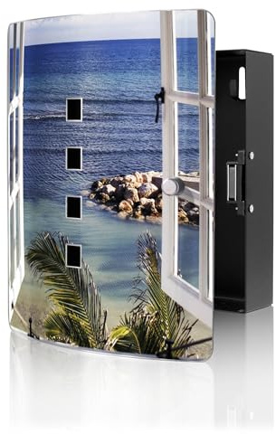 banjado Design Schlüsselkasten aus Edelstahl für 10 Schlüssel - Schlüsselschrank zur Schlüssel Aufbewahrung 24 x 21,5 x 7cm groß mit praktischem Magnetverschluss - Motiv Fensterpanorama