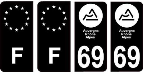 69 Rhône nouveau logo Noir autocollant plaque immatriculation auto ville sticker Lot de 4 Stickers - Angles : arrondis