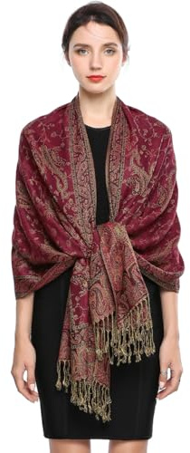 EASE LEAP Sciarpa Pashmina per donna scialle avvolgente caldo di lusso con sensazione di seta Hijab Paisley in colori ricchi con frange 200 * 70cm/(2-Data rosso)