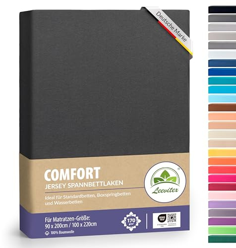 leevitex® Premium Spannbettlaken 90x200-100x220 cm - 40 cm Steg - auch für Boxspringbett & Wasserbett | 100% Mako-Jersey-Baumwolle | ÖKO-TEX | 170g/m² | Anthrazit/Grau
