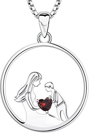 YL Mutter und Sohn Halskette 925 Sterling Silber Januar Geburtsstein Granat Anhänger Halskette Geschenke für Mutter Frauen, 45-48 CM