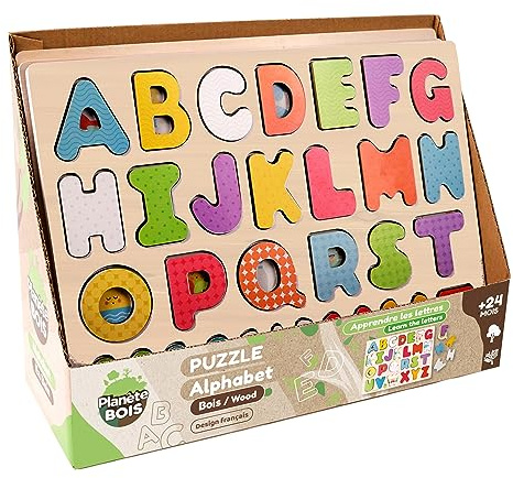 Träplanet - alfabetspussel - FSC - pedagogiskt spel - första reflektioner - 052462A - 26 bitar - flerfärgad - trä - barnlek - barnpussel - 30 cm x 22,5 cm - från 2 år