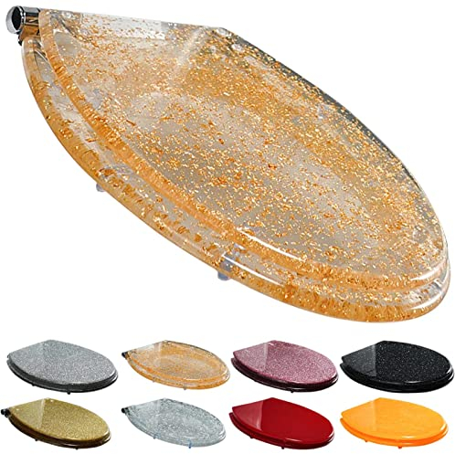 MZTYH WC-Sitz Mit Absenkautomatik, Schnellverschluss Und 360 Grad -verstellbaren Scharnieren, Top-Fix- Oder Bottom-Fix-Beschläge, Reinigen, Toilettendeckel Oval (Glitzer), Yellow-transparent