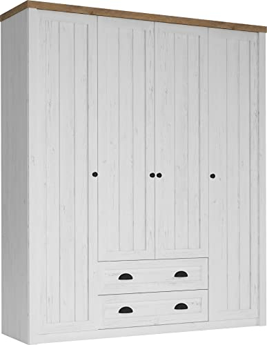 Kleiderschrank 171 cm Prowansja S4D Schlafzimmer 4 türiger Drehtürenschrank Schrank mit 2 Schubladen 8 Einlegeboden 1 Kleiderstange (Kiefer Weiß/Lefkas Eiche)
