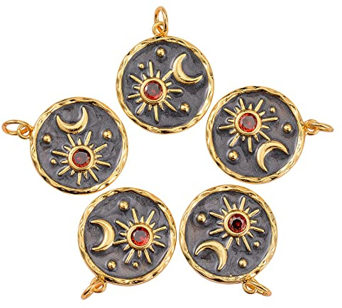 COGCHARGER 5 Stück Flache Runde Messing Charm Zirkonia Messing Charm Anhänger mit Stern Mond für Schmuck Halskette Armband machen