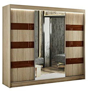 ALTDECOR Kleiderschrank mit Spiegel und Schiebetüren, Lacobel, kugelgelagerte Führungsschienen und Aluminium-Leisten, LED-Beleuchtung (17 Farben) und Fernbedienung - LOSTE - 250 cm cm Sonoma - Braun