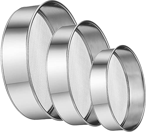 Aieraczy 15/20/25cm Tamis à Farine Inox, 3 Pièces Tamis de Pâtisserie Maille Fine, Tamis de Farine Cuisine, Professionne Rond Tamis Fins en Acier Inoxydable pour Gâteaux, Légumes, Farine Pâtes
