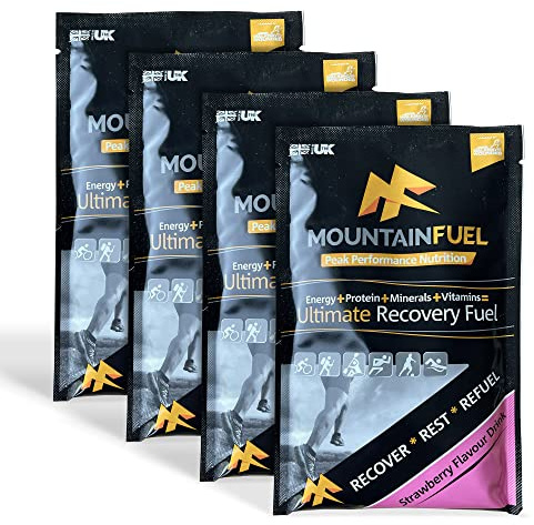 Mountain Fuel Ultimate Recovery Multipack. Contains 4 X Strawberry Energy Sachets for Runners, Cyclists, Marathon Training and Climbing. Contains Carbohydrates, Protein, Fibre and Minerals. WADA-safe.