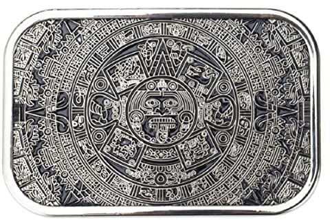 Fibbia per Cintura con Calendario Azteco e Maya, Quadrata con Calendario Solare Retrò (Argento)