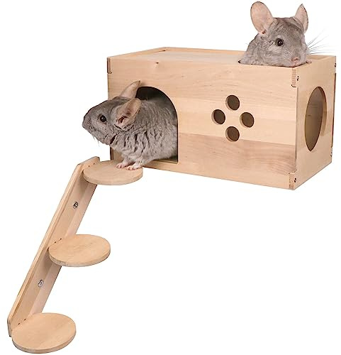 YKD Chinchilla Wooden House with Ladder - Small Animal Hideout for Squirrel or Sugar Gliders - Ventilated Wooden Chinchilla Hut Hideout with Multiple Doors