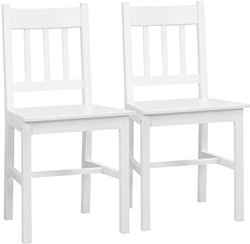 HOMCOM Juego de 2 Sillas de Comedor de Madera Maciza de Pino, Sillas de Cocina con Respaldo de Listones, Asiento Amplio, para Salón, Blanco