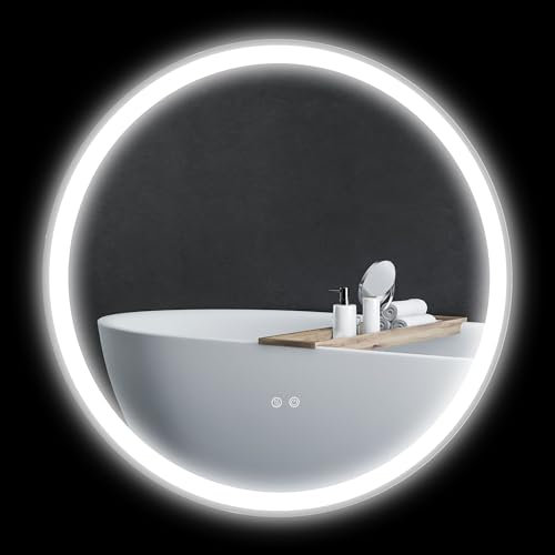 kleankin Miroir Salle de Bain avec éclairage Ø 80 cm Miroir Rond Lumineux 3 Couleurs Interrupteur Tactile système antibuée 46W Blanc Argent