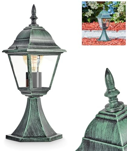 HOFSTEIN Außenwegeleuchte Naofe, Sockelleuchte aus Metall/Glas in Schwarz-Grün/Klar, Wegeleuchte im Landhaus/Antik/Retro/Vintage-Design für Garten, Außenbereich, Hof, Terrasse, 40 cm, E27, IP44