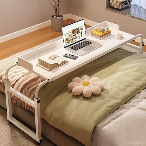 GXQFC Overbed Table Mobiler Schreibtisch, Überbetttisch mit 4 Rollen Pflegetisch Laptoptisch Bettbeistelltisch Breite 115-210 cm & Höhe 65-95 cm Über-Betttisch auf Rollen für das Heimbüro(Color:Weiß)