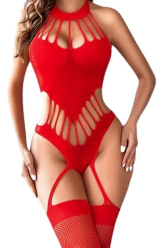 MIZSPISE Intimo Donna a Rete Sexy Lingerie Hot Body Trasparente Babydoll Pizzo Bodystocking Tuta Elasticizzato Catsuit Camicia da Notte Calze Pigiama Completi Intimi Fishnet Rosso