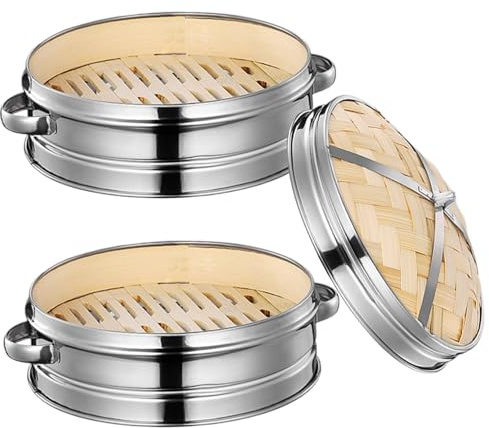 Boulette de bouletage, vapeur en bambou 7,9 pouces 2 niveaux Panier de vapeur en bambou avec couvercle et poignée binaurale à vapeur creux avec anneau en acier inoxydable pour la cuisson des légumes,