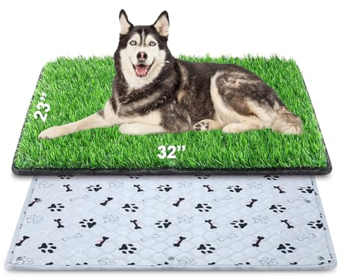 Dog Grass Mat with Pee Pad 32×23, Medium Dog Litter Box Indoor Artificial Turf Grass Porch Waterproof Patio Potty Tray for Doggie Reusable Washable Pads and Lawn for Replacement for Puppy Training