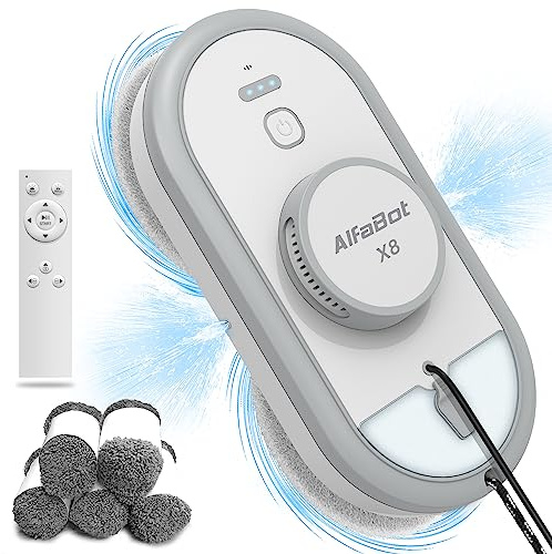 AlfaBot X8 Robot Limpiaventanas Eléctrico Inteligente, Limpieza Automática con Spray Bidireccional, Depósito 50ml, Aspiración 4980PA, Anti-Caída, para Ventanas, Espejos y Superficies de Cristal