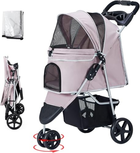 Joyfultails Hundewagen Hundebuggy Bis15kg, Faltbarer Hundewagen mit Aufbewahrungskorb, Netzfenster, Hundetrolley für Kleine und Mittle Hunde Regenschutzabdeckung Jogger Katzenbuggy rosa