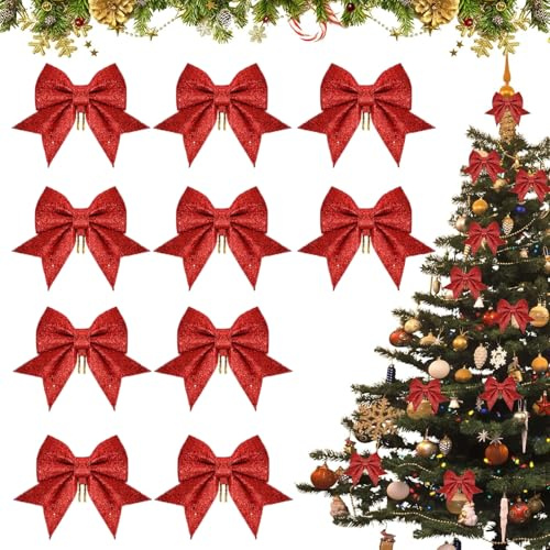 Lot de 10 noeuds de décoration de Noël en forme d'arbres de Noël Rouge à paillettes pour sapin de Noël suspendu, décoration cadeau (M2)