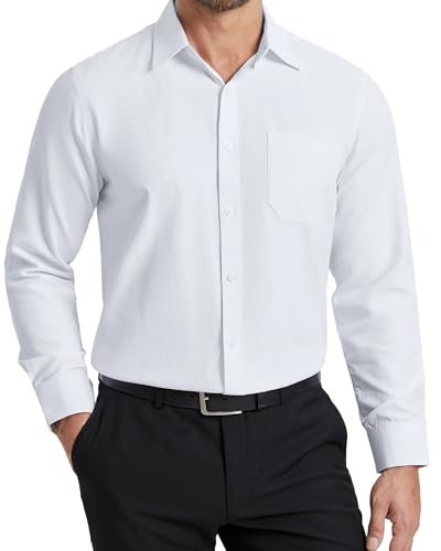 HISDERN Mens White Long Sleeve Shirt Button Down Dress Shirt Formal Business Casual with Chest Pocket Regular Fit L