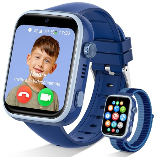 AKUMAKA Reloj Inteligente Niño 4G, IP68 Impermeable Smartwatch Niño con GPS y Llamadas, Videollamada, Whatsapp, SOS, Modo Clase, 5 Modos Deportivos, Podómetro, Reloj Inteligente con SIM, Azul