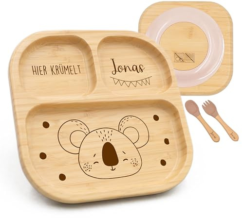 Kidsmood - Kinderteller mit Saugnapf inkl. Baby Besteck mit Namen – Teller für Kleinkinder, rutschfest – Beikost Baby Zubehör, personalisierte Geschenke zur Geburt, Taufgeschenke Jungen & Mädchen