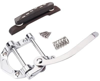 Silberne Jazzgitarrenbrücke mit Vibrato Saitenhalter für 6-saiter | Legierung, Höhenverstellbar mit Justierschrauben, Präziser Rückkehrton, Archtop Ausführung