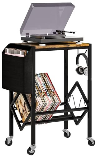 Yorbay Vinyl Schallplatten Aufbewahrung Ständer, Schallplattenständer mit Organisierendem Stoffbeutel und Haken, Metall Plattenspieler Regal bis zu 200 Alben für Wohnzimmer, Schlafzimmer (Schwarz)