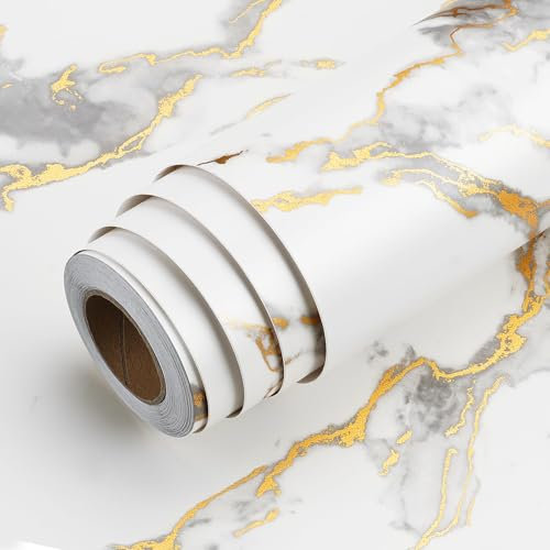 LaCheery Carta Adesiva per Mobili Marmo e Oro 40cm x 200cm Pellicola Adesiva Cucina Lavabile Vinilica Carta da Parati per Piano Cucina Pellicola Marmo Bianco Adesivi per Mobili Armadio Camera da Letto
