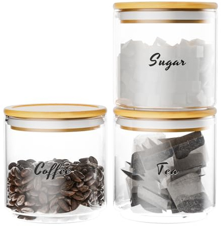 HYCKee 3 Pieces Jar with Wooden Lids, Coffee, Sugar, Tea Canister Set, 620ml Glass Stackable Airtight Food Storage