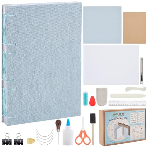 WEBEEDY DIY Long Stitch Bookbinding Kit 61 Pcs Hand Bookbinding Supplies Kit Including Bone Folder,Paper Awl,Large-Eye Needles,Wax Thread,Glue,Ruler for DIY Journal Sketchbook Gifts, 15X21cm(A5)