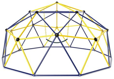 COSTWAY 10FT Dome Climber, Toddler Climbing Frame Monkey Bar Jungle Gym with Swing, Indoor Outdoor Play Equipment for Kids 3-12 Years Old (Blue+Yellow)