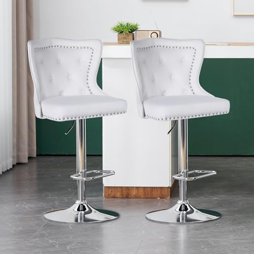 KHISCHMO Barhocker 2er Set Samt Moderne Küchenhocker höhenverstellbare Tresenhocker mit Löwenring-Zuggriff Gepolsterte Barstühle 360° drehbar für Küche Theke, Weiß